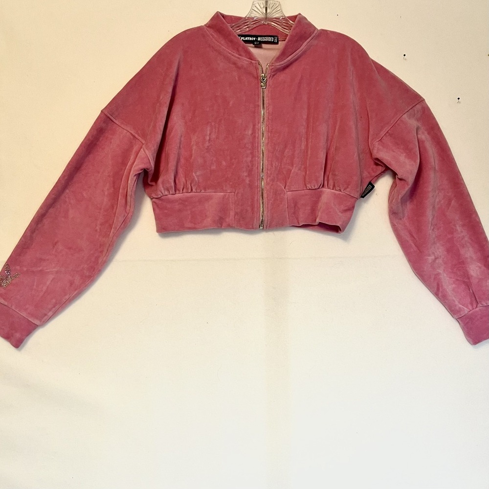 Playboy Bunny brand MissGuided Velour Rhinestone Crop Top Sweater Y2K Pink Sz 12
